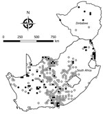 Locations where samples from 5,363 rodents of 33 species were collected and tested for evidence of infection with mammarenaviruses, South Africa and Zimbabwe. White circles indicate sites where no evidence of infection was found; black circles indicate sites where antibody to mammarenaviruses was detected by indirect immunofluorescence.