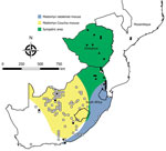 Locations where samples were collected from Mastomys spp. rodents, South Africa and Zimbabwe. White squares indicate sites where no antibody to mammarenaviruses was found in M. coucha mouse serum specimens; black squares,where antibody was detected in M. coucha mouse serum specimens; white circles, where no antibody to mammarenaviruses was found in M. natalensis mouse serum specimens; black circles, where antibody was detected in M. natalensis mouse serum specimens; black triangles, where Mopeia virus was isolated from M. natalensis mouse samples during this study; black diamonds, where Mopeia virus was isolated from M. natalensis mouse samples during previous studies, including the original isolations in Mozambique (9,10). Shading indicates distribution ranges for M. coucha and M. natalensis mice. Adapted from Chimimba and Bennett (15).