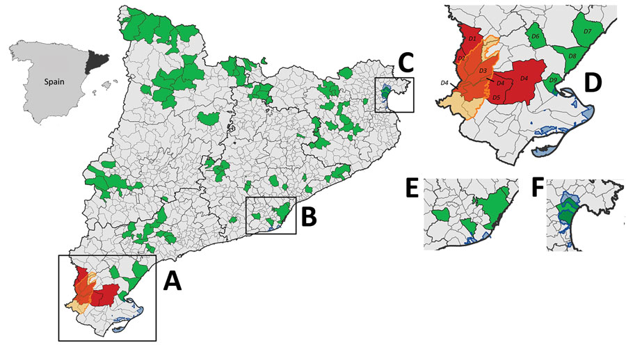 Distribution of areas sampled for detection of antibodies against Crimean-Congo hemorrhagic fever virus (CCHFV) in various species, Catalonia, northeastern Spain. Inset at left shows Catalonia (black) in northeastern Spain. Large map shows distribution of serosurveys throughout Catalonia: A) Ebro Delta; B) Llobregat Delta; C) Aiguamolls de l’Empordà; Enlarged areas represent regions with wetlands (blue shading), which are stopovers for migratory birds from Africa: D) Ebro Delta; E) Llobregat Delta; F) Aiguamolls de l’Empordà. Green shading indicates areas from which all samples were seronegative; red shading indicates >1 sample was seropositive; gray shading indicates area was not sampled; yellow shading/outline indicates location of Ports de Tortosa-Beseit National Park. Additional details are provided on CCHFV hotspots in Ebro Delta (D), which are close to and overlap wetlands and Ports de Tortosa-Beseit Natural Park. Among regions in this area, animals tested (no. positive/no. tested) included the following: D1, Iberian ibexes 10/10, wild boar 4/21; D2, Iberian ibexes 17/17, roe deer 1/1, wild boar 1/3; D3, Iberian ibexes 3/3; D4, Iberian ibexes 8/8, European rabbit 0/2; D5, Iberian ibexes 28/28, European rabbit 0/2; D6, European rabbit 0/6; D7, roe deer 0/1; D8, European rabbit 0/1; and D9, European rabbit 0/1. 