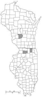 Location (gray areas) of turtles PCR positive for Coxiella burnetii, by county, Wisconsin (top) and Illinois (bottom), USA. 