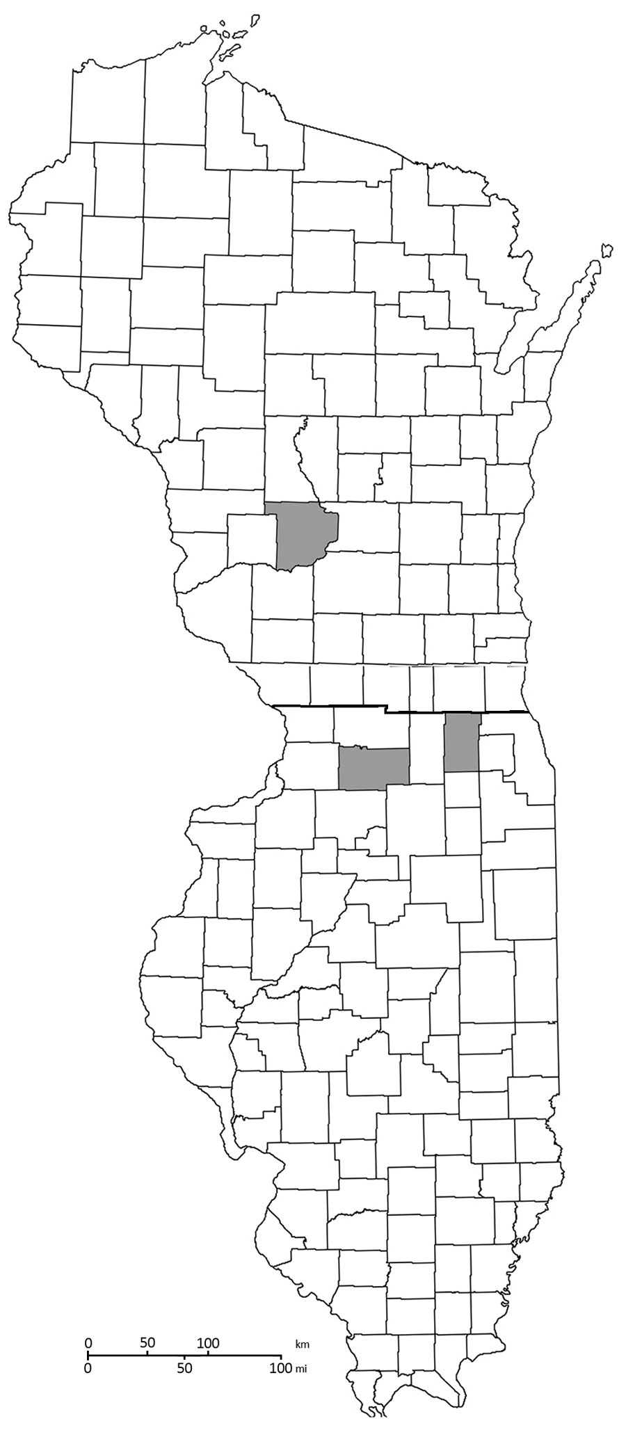 Location (gray areas) of turtles PCR positive for Coxiella burnetii, by county, Wisconsin (top) and Illinois (bottom), USA. 