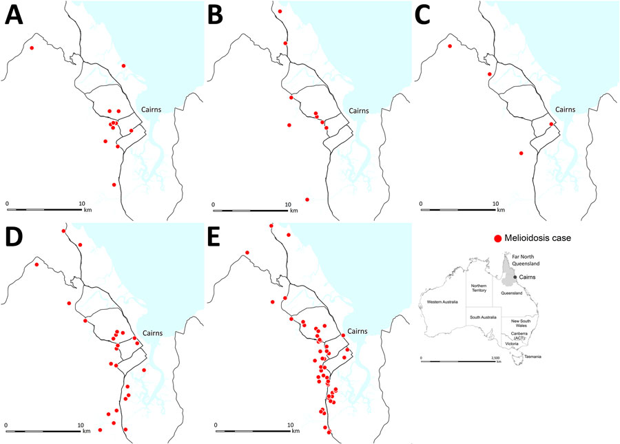Cases of melioidosis in the Cairns area, Far North Queensland, Queensland, Australia, January 1998–December 2019. A) 1998–2002; B) 2003–2007; C) 2008–2011; D) 2012–2015; E) 2016–2019. Map shows location of Far North Queensland.