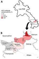 HCV seroprevalence, Laos, May 2017–March 2019. A) Location of Saravan Province; B) districts of Saravan Province. Colors represent seroprevalence levels. HCV, hepatitis C virus