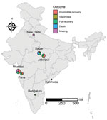 Geographic distribution of coronavirus disease–associated mucormycosis, India, 2021. Sizes of circles indicates number of cases in that area. Use of the map recognized by the government of India does not endorse the territorial claims of any specific nation.