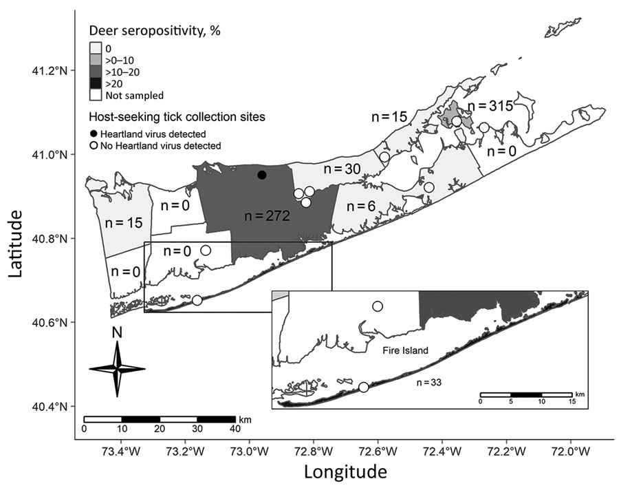 Tick collection sites in study of heartland virus transmission, Suffolk County, New York, USA. Numbers within townships indicate sample size of deer tested for neutralizing antibody. 