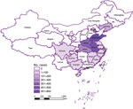 Distribution of severe fever with thrombocytopenia syndrome cases in China during 2019 (Chinese Center for Disease Control and Prevention), showing high correlation with parthenogenetic Asian longhorned tick population (shown in Figure 2).