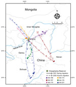 Migratory routes of 6 of 9 successfully satellite-tracked mallards infected with highly pathogenic avian influenza A(H5N8) clade 2.3.4.4b viruses, Ningxia, China, 2020. Mallards are indicated by different colors. The sampling site (Changshantou Reservoir) is indicated. Solid and dashed lines indicate spring migration in 2021 and autumn migration in 2020, respectively. Because the other 3 successfully satellite-tracked mallards (birds NX-169, NX-174, and NX-176) had been moving around the sampling point, their movements are not shown.