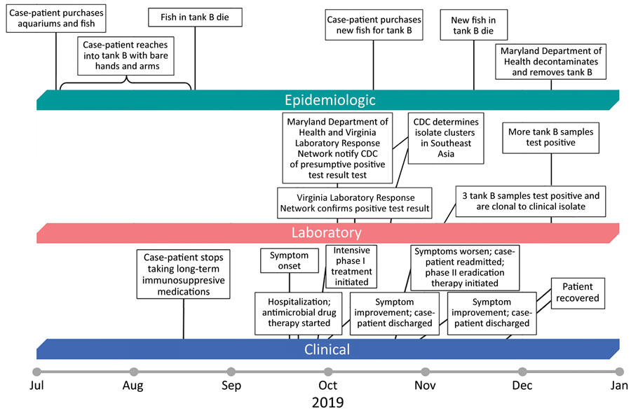 Clinical, laboratory, and epidemiologic timeline for a patient who had melioidosis, Maryland, USA, 2019. CDC, Centers for Disease Control and Prevention. 
