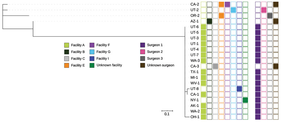 Whole-genome sequencing analysis and selected epidemiologic data for 21 Verona-integron-encoded metallo-β-lactamase-producing carbapenem-resistant Pseudomonas aeruginosa clinical isolates from US medical tourists who underwent surgery in Tijuana, Mexico, August 2018–December 2019. Phylogenetic tree excludes an outlier isolate from Arkansas. On the right, the first group of 8 columns indicates facilities (A, B,C, E, F, G, I, and unknown), and the second group of 4 columns indicates surgeons (1, 2, 3, and unknown). Scale bar indicates nucleotide substitutions per site.
