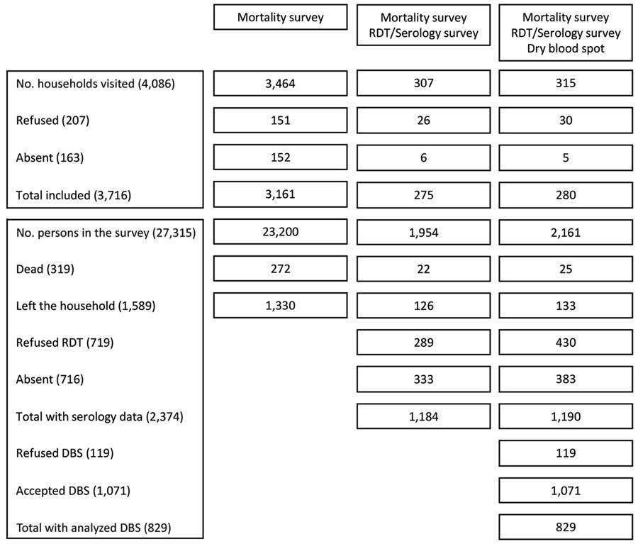 Survey flow for cross-sectional study of SARS-CoV-2 prevalence and population-based death rates, Omdurman, Sudan, 2021. DBS, dry blood spot; RDT, rapid diagnostic test.