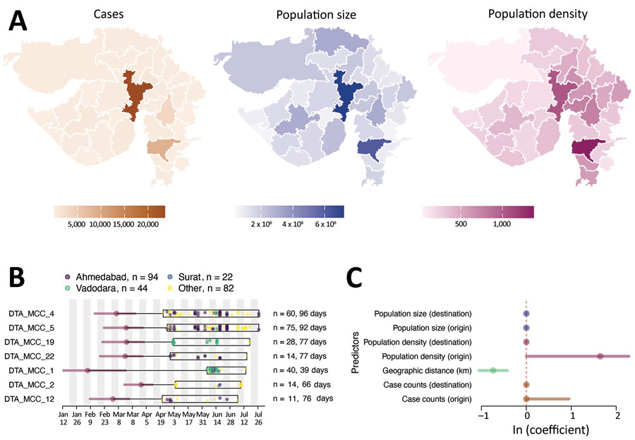 Determinants of SARS-CoV-2 lineage spread, Gujarat, India. A) Choropleth maps of key predictors (left, no. cases; middle, population size; right, population density, persons per square kilometer) that were evaluated in the phylogeographic generalized linear model analysis along with geographic distance. B) tMRCA and sample distribution of the 7 largest transmission lineages. For each lineage, circles correspond to the estimated lineage tMRCA, and horizontal bars indicate the 95% highest posterior density interval of the tMRCA. Box indicates date range of the samples from Gujarat for each lineage. Total number of samples and duration of each lineage are shown on the right. C) Predictors of SARS-CoV-2 lineage movement in Gujarat on the basis of 20 sampled districts. The contribution of each predictor is indicated by the mean coefficient value (points) and 95% highest posterior density interval (horizontal bars). tMRCA, time to most recent common ancestor. SARS-CoV-2, severe acute respiratory syndrome coronavirus 2. 