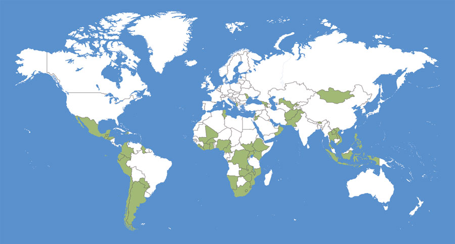 Green shading indicates the 55 countries supported by the Centers for Disease Control and Prevention’s COVID-19 International Vaccine Implementation and Evaluation program in fiscal year 2021. 