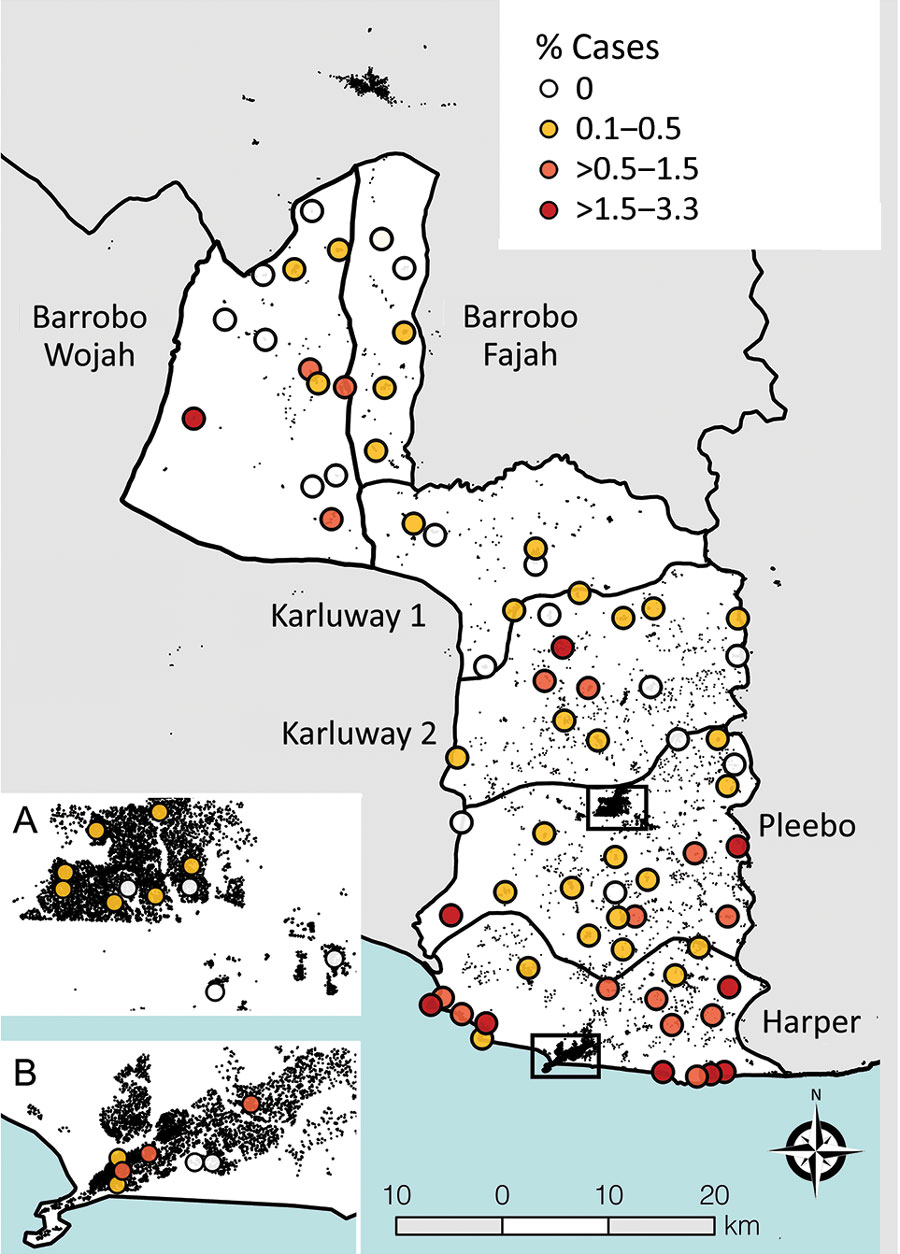 Cluster-level prevalence of all skin-presenting neglected tropical diseases combined, Maryland County, Liberia, June‒October 2018. Inset boxes show major urban areas Pleebo (A) and Harper (B). Black features are buildings (OpenStreetMap contributors) to highlight increasing rurality in northern districts.
