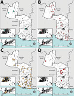 Spatial distribution and occurrence of skin-presenting neglected tropical diseases , Maryland County, Liberia, June‒October 2018. A) Buruli ulcer, B) leprosy, C) lymphatic filariasis morbidity; D) yaws. Points represent cluster centroids and not absolute location of cases. 