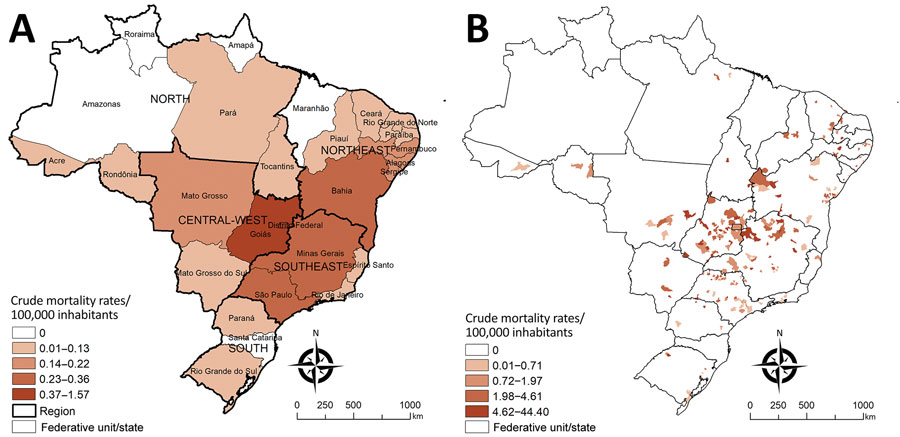 Spatial distribution of cumulative mortality rates per 100,000 inhabitants related to Chagas disease and COVID-19 co-infection by geographic units of residence, Brazil, March–December 2020. A) State-level crude rates. B) Municipality-level crude rates. Shading indicates levels of death. Data were mapped by using ArcGIS software version 9.3 (Esri, https://www.esri.com). In 2020, Brazil was divided into 5 regions (South, Southeast, Central-West, North, and Northeast), 27 Federative Units (26 states and 1 Federal District), and 5,570 municipalities.