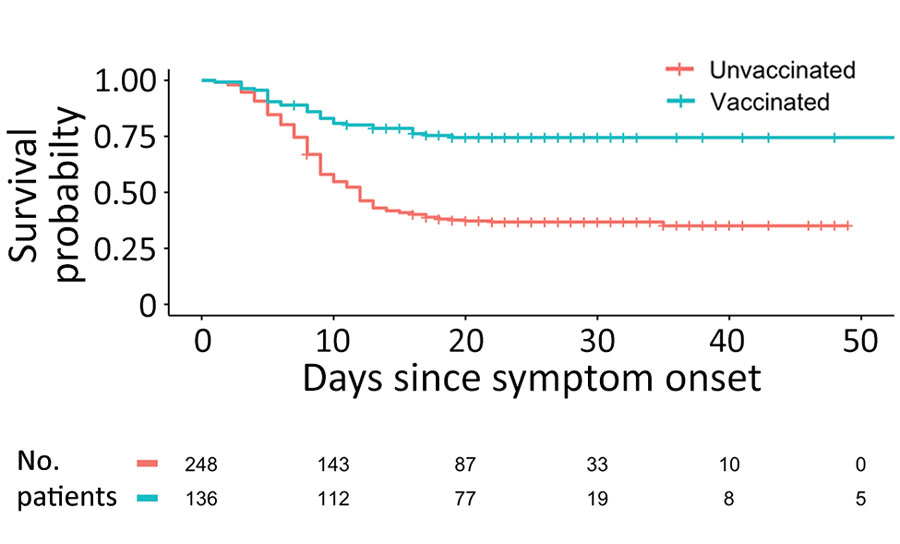 Kaplan-Meier survival plot of patients with Ebola virus disease, stratified by vaccination status, for study of effect of recombinant vesicular stomatitis virus–Zaire Ebola virus vaccination on Ebola virus disease illness and death, Democratic Republic of the Congo. Numbers below chart indicate number of ill patients at that time point, excluding patients who had died or who recovered and were discharged. One patient in the vaccinated group was excluded from this analysis because that patient did not have a reported date of discharge.