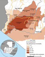 Study region (area 2,600 km2) for the Agricultural Workers and Respiratory Illness Impact Study, Guatemala, June 15, 2020‒October 10, 2021, showing number of enrolled agricultural workers living in each municipality. A total of 1,819 persons had reported data. Inset map shows location of study area in Guatemala.