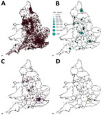 COVID-19 student case-patients, by location and property type, England, September 1–December 31, 2020. A) Private residences; B) student accommodations, showing rates of student cases; C) other accommodation type; D) houses of multiple occupancy.