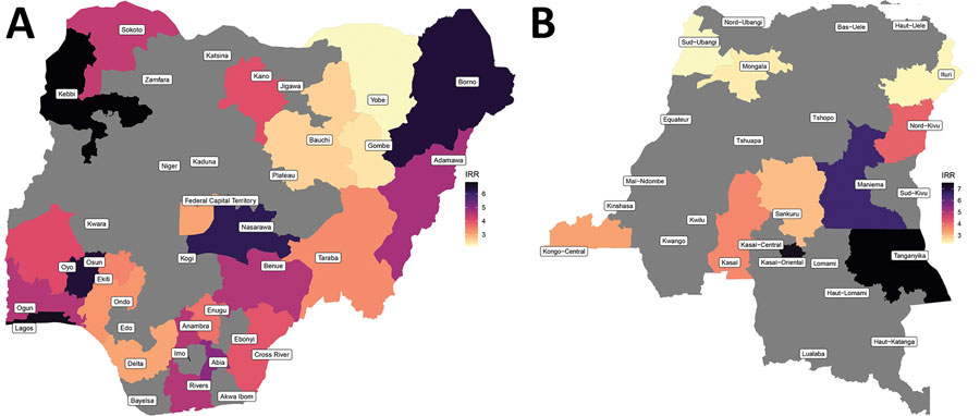 IRRs for the effect of exposure to conflict within 1 week of the event and cholera at a subnational level for Nigeria (A) and the Democratic Republic of the Congo (B). Only results that were significant at the threshold p<0.05 are plotted. IRR, incidence rate ratio.