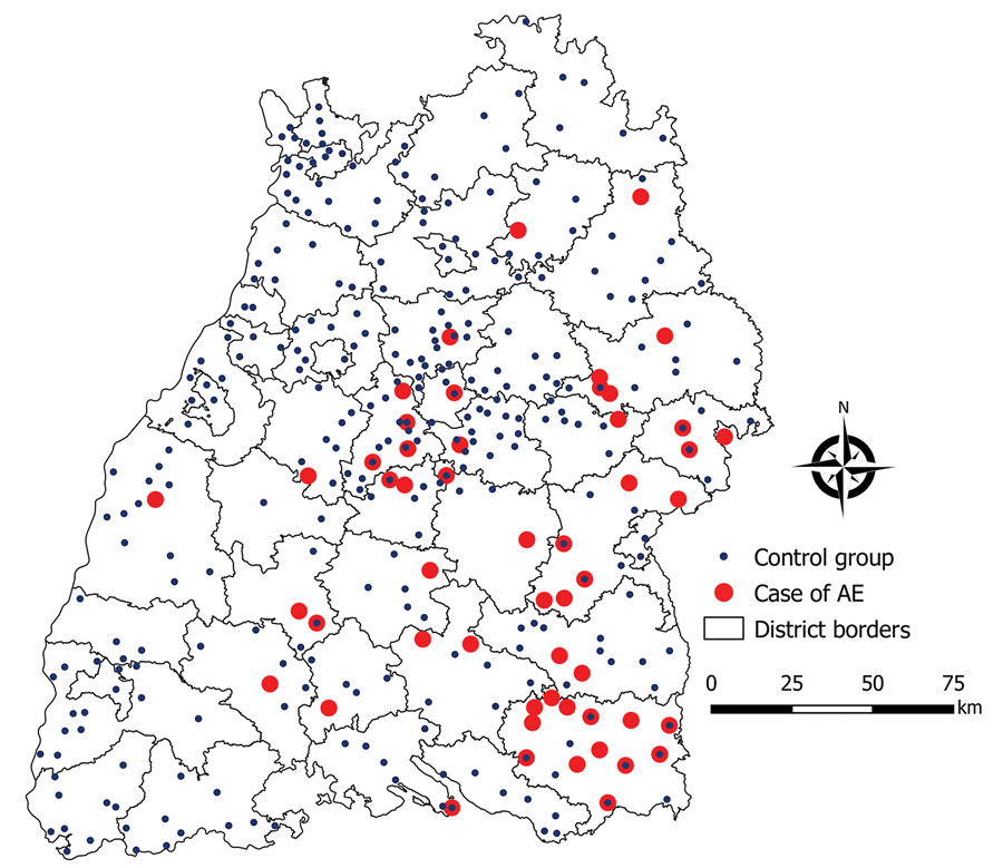 Distribution of 60 alveolar echniococcosis case-patients and 324 controls, Baden-Württemberg, Germany, January 2019–February 2020.
