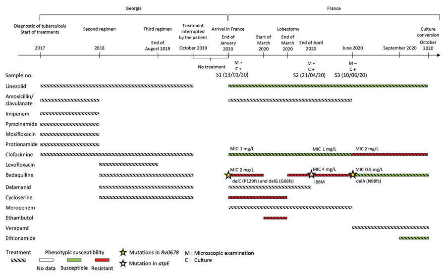Timeline of treatment regimen and microbiologic data for patient with multidrug-resistant tuberculosis before and after his arrival in France from Georgia. Timeline for each antibiotic indicates treatment (striped), phenotypic resistance (red), and susceptibility (green), as indicated in patient records. M, microscopic examination; C, culture.