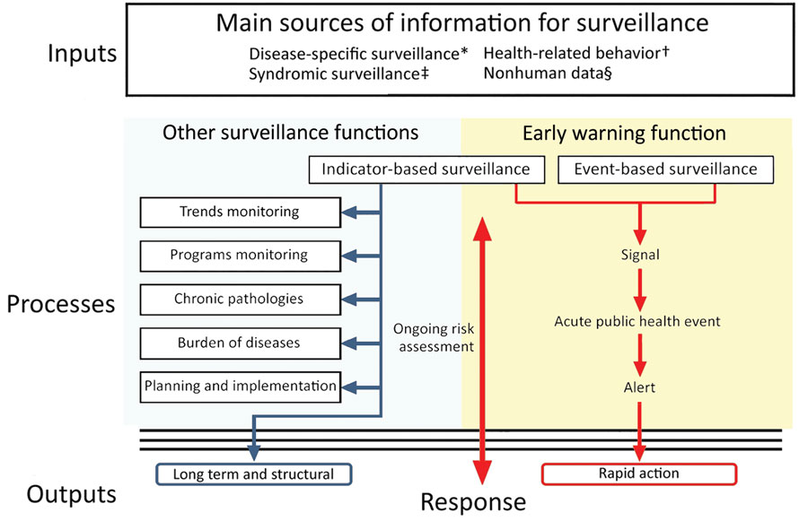 Overview of public health surveillance and response functions used in an evaluation of the Centers for Disease Control and Prevention Early Warning and Response Surveillance system. Adapted from the World Health Organization (4). *Conventional human surveillance based on biological confirmation of cases.†Hman cases data based on syndromic definition. ‡Data and information in relation to human health (e.g., media reports, sick leave, medicine sales, population movement, social unrest, etc.). §Veterinary surveillance (zoonosis), environmental or biological surveillance (e.g., meteorlogical, vector density, water and air quality, etc.). 