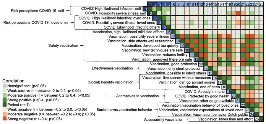 COVID-19 vaccination intent and belief that COVID-19 vaccination will end the pandemic among persons in the Netherlands. Pearson correlation matrix (2-tailed) heat map with all beliefs about COVID-19 and COVID-19 vaccinations was visualized per mental models element (risk perceptions COVID-19: self, risk perceptions COVID-19: loved ones, safety vaccination, effectiveness vaccination, (social) benefits vaccination, alternatives to vaccination, social norms vaccination behavior, accessibility vaccination). For a more detailed correlation matrix, see Appendix. 