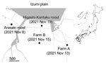 Locations on the Izumi Plain, Japan, where highly pathogenic avian influenza A(H5N1/H5N8) viruses were detected among wild waterfowl roosts and domestic poultry farms, 2021. Dots indicate location and date of avian influenza A detection. Inset map shows location of Izumi Plain in Japan.