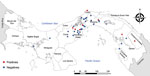 Distribution of Leishmania (Viannia) panamensis isolates analyzed for RNA virus 1, Panama, 2014–2018.