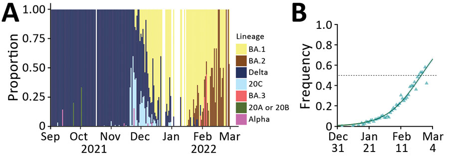 Monitoring and quantifying SARS-CoV-2 variant spread using whole-genome sequencing, France. A) Raw proportion of SARS-CoV-2 lineages inferred from whole-genome sequences of 16,973 samples. B) Estimated proportion and growth advantage of the BA.2 variant with respect to the BA.1 variant. Raw occurrence data from panel A is stratified by region in Appendix 1 Figure).