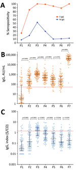 Antibody response over time in a cohort of healthcare workers vaccinated with 2 doses of CoronaVac vaccine (https://www.sinovac.com) followed by a BNT162b2 vaccine (Pfizer-BioNTech, https://www.pfizer.com) booster dose. A) S and N IgG seropositivity. B) S IgG levels. C) N IgG levels. Antibody responses were evaluated before vaccination (timepoint P1); 28 days after the first dose of CoronaVac vaccine (P2); 30 (P3) 90 (P4), 180 (P5), and 230 (P6) days after the second dose of CoronaVac vaccine; and 15 days after the booster dose with BNT162b2 vaccine (P7). For panels B and C, black lines indicate median levels values and error bars interquartile ranges; horizontal dotted lines indicate cutoff values. Statistical analysis performed using the Kruskal–Wallis test with subsequent Dunn’s multiple testing correction. N, nucleocapsid protein; S, spike protein; S/CO, signal-to-cutoff ratio.