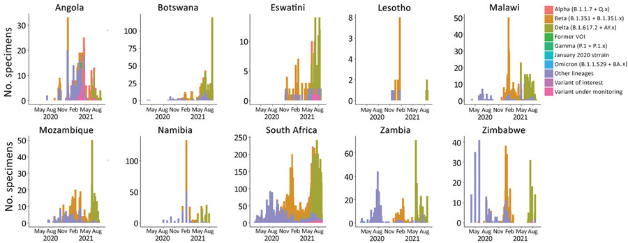 Percentage of SARS-CoV-2 variants among specimens submitted to GISAID in southern Africa, March 1, 2020–September 6, 2021. Definitions of variants are in Appendix Table 2. Source: GISAID (https://www.gisaid.org), accessed 2021 Sep 20.