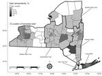 Sampling of hunter-harvested white-tailed deer blood and Bourbon virus seropositivity by county, New York, NY, USA. Locations (open circles) of harvested deer are randomly jittered within townships to avoid overplotting.