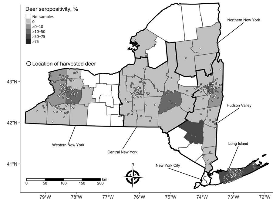 Sampling of hunter-harvested white-tailed deer blood and Bourbon virus seropositivity by county, New York, NY, USA. Locations (open circles) of harvested deer are randomly jittered within townships to avoid overplotting.