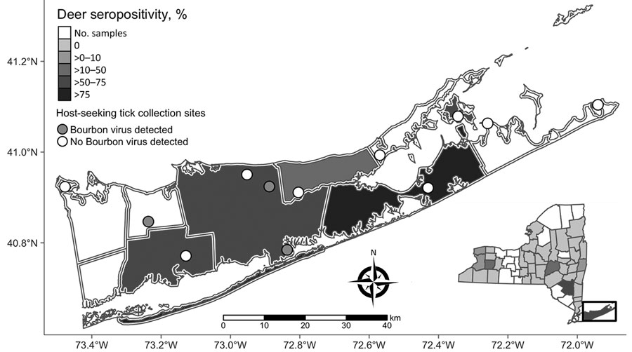 Suffolk County tick collection sites for study of Bourbon virus seropositivity, New York, NY, USA. Circles within townships indicate tick collection sites. Open circles are sites with no evidence of BRBV. Gray circles represent approximate locations of BRBV-positive tick pools. Shading indicates BRBV seroprevalence; darker shades represent higher rates. Inset map shows location of Suffolk County in New York.