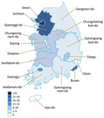 Geographic distribution of cases in fungal endophthalmitis outbreak after cataract surgery, South Korea, 2020. Surgeries took place during September 1–November 30, 2020, and cases of Fusarium oxysporum endophthalmitis were identified during September 1, 2020–January 11, 2021.