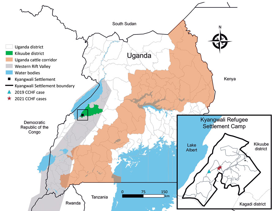 Location of Kyangwali Refugee Settlement (black box), Uganda, where 2 cases of Crimean-Congo hemorrhagic fever were reported during 2021. Inset shows close-up view of the settlement area, showing locations of 2021 cases and a previous case from 2019.