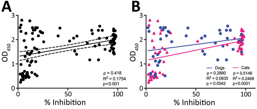 Results of IgG ELISA in relation to percentage inhibition of binding of the SARS-CoV-2 receptor binding domain (RBD) to the ACE2 receptor in cat and dog serum samples measured with a surrogate virus neutralization assay, Ontario, Canada. A) Surrogate virus neutralization test results correlated with IgG ELISA results. B) Percentage of inhibition for dog (blue circles) and cat (pink triangles) samples. The solid line shows correlation and dashed lines 95% CI.  Correlation is higher for cat than dog samples. OD450, optical density at 450 nm.