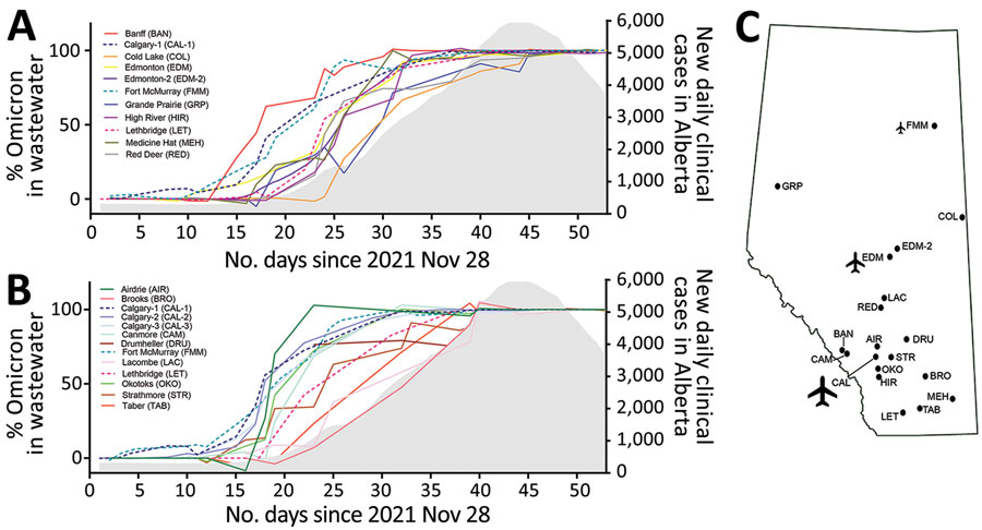 Spread of SARS-CoV-2 Omicron variant in community wastewater samples, Alberta, Canada, November 2021–January 2022. A, B) Percentage of Omicron RNA detected in community wastewater samples (data lines) compared with the 7-day rolling average of new clinical cases reported in Alberta (gray shading). RNA was assessed by using quantitative reverse transcription PCR assays for specific variants following sample processing using ultrafiltration (A) or affinity columns (B). Lines of best fit plotted with second order smoothing are shown for different wastewater treatment plants, including 3 that had samples processed using both ultrafiltration and affinity columns for comparison (Calgary-1, Fort McMurray, and Lethbridge; for details of this comparison, see Appendix Figure 1]). Monitoring began on November 28, 2021, and lasted for 53 days (plotted as consecutive days on the x-axes). The 7-day rolling average of new cases increased after the Omicron variant was predominant in municipal wastewater from 30 communities sampled. C) Locations of 21 treatment plants (Appendix Table) serving communities throughout the province. Abbreviations are as shown in panels A and B. Calgary and Edmonton are served by 3 and 2 treatment plants, respectively, and some individual treatment plants also serve multiple municipalities (e.g., Edmonton-2 serves >10 others; Red Deer serves 3 others; Calgary’s treatment plants serve 3 others).