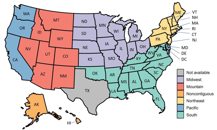 States in each region used in study of factors associated with delayed or missed second-dose mRNA COVID-19 vaccination among persons >12 years of age, United States.