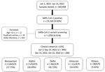 Flow diagram of sample and patient selection for SARS CoV-2 variant screening of nasopharyngeal samples at Nationwide Children’s Hospital, Columbus, Ohio, USA, during January 1, 2021–January 15, 2022. After excluding patients >22 years of age and duplicate entries, 676 patients with positive SARS-CoV-2 tests during January 1–September 19, 2021, and December 15, 2021–January 15, 2022 were included in the clinical analyses. Other variants were Beta, Iota, Zeta, Eta, Epsilon, Gamma, Mu, and other variants under investigation.