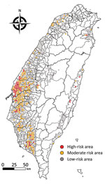 Risk maps showing risk of poultry farm acquiring avian influenza virus infection from migratory wild birds, from study of integrating citizen scientist data into the surveillance system for avian influenza virus, Taiwan. Each dot represents each 3-km × 3-km grid. Red dots represent the high-risk area with probability calculated based on 10 bird species with high risk of transmitting avian influenza virus into poultry farms (Table). Orange dots represent the middle-risk area, with bird species with >1 positive McNemar test result. Gray dots represent the low-risk area with bird species having no positive or negative McNemar test results.