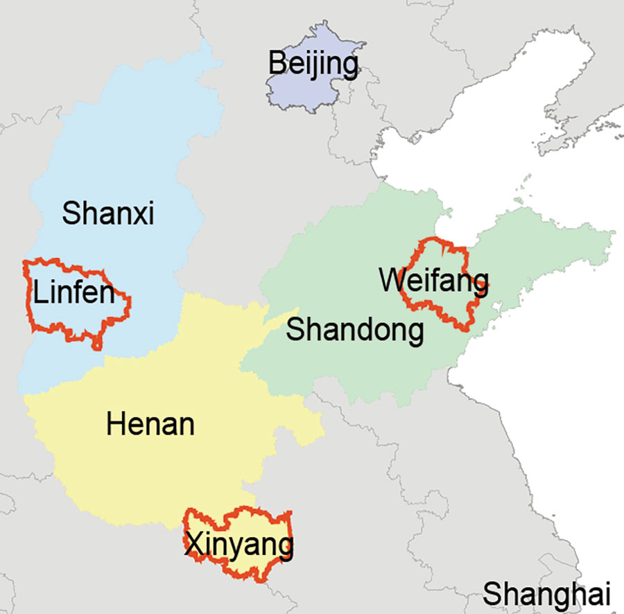 Locations of Weifang in Shandong Province, Linfen in Shanxi Province, and Xinyang in Henan Province (red outlines), where hedgehogs were collected in study of hedgehogs as amplifying hosts of severe fever with thrombocytopenia syndrome virus in China. 