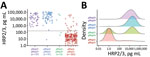 Distributions of HRP2/HRP3 antigen concentrations by pfhrp2 and pfhrp3 genotype for specimens in study of Plasmodium falciparum parasites with pfhrp2 and pfhrp3 deletions, Djibouti, 2019–2020. A) Individual antigen concentrations for all 296 samples successfully genotyped for pfhrp2/3. Dashed line denotes the assay level of quantitation. B) Smoothed kernel density plots for log-transformed HRP2/3 concentration by the four pfhrp2/3 genotypes. HRP2/3, histidine-rich protein 2/3.