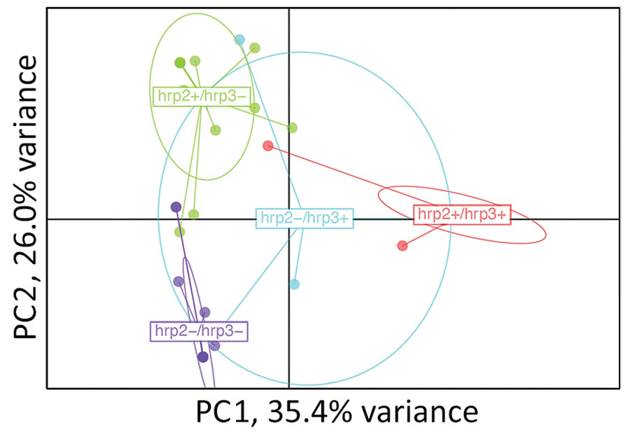 Relatedness of Plasmodium falciparum parasites from Djibouti, 2019–2020, with different pfhrp2 and pfhrp3 genotypes. Cluster PC analysis shown for 7 neutral microsatellite data for monogenomic infections by subpopulations: pfhrp2+/pfhrp3+ (n = 16), pfhrp2+/pfhrp3– (n = 15), pfhrp2–/pfhrp3+ (n = 4), pfhrp2–/pfhrp3– (n = 17). Plot shown with PC1 on x-axis and PC2 on y-axis with 95% confidence ellipses. PC, principal component.