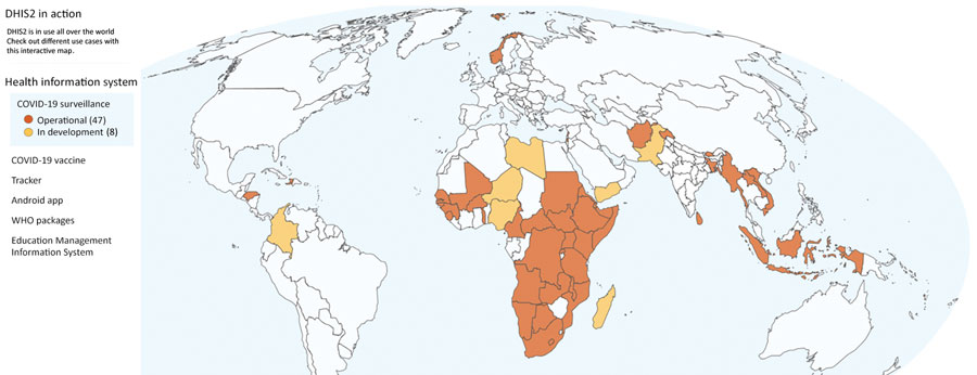 Countries using the District Health Information Software version 2 (DHIS2, https://dhis2.org) platform for COVID-19 surveillance, as described in review of extending and strengthening routine DHIS2 surveillance systems for COVID-19 responses in Sierra Leone, Sri Lanka, and Uganda. The online map (https://dhis2.org/in-action, cited 2022 Sep 8) is interactive and indicates which countries have DHIS2 operational or in development for COVID-19 surveillance in the country’s health management information system. Surveillance can include case-based surveillance, contact tracing, port of entry screening, hospital stay monitoring, call center data, and exposure risk assessment.