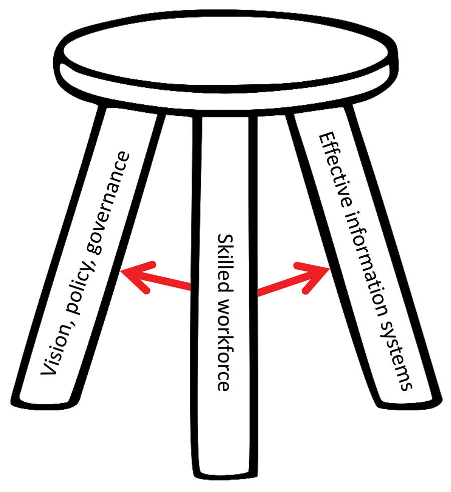 Core pillars of the US President’s Emergency Plan for AIDS Relief–supported informatics-savvy health organizations leveraged for COVID-19 pandemic response. The 3 pillars of an information-savvy health organization are supported by Technical Assistance Platform technical areas.