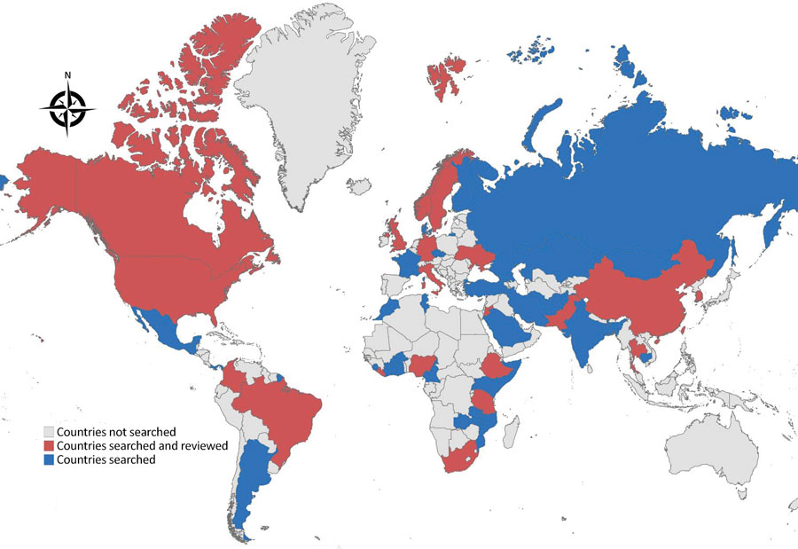 Countries with International Association of National Public Health Institutes members searched and reviewed for literature review of the role of national public health institutes in COVID-19 response.