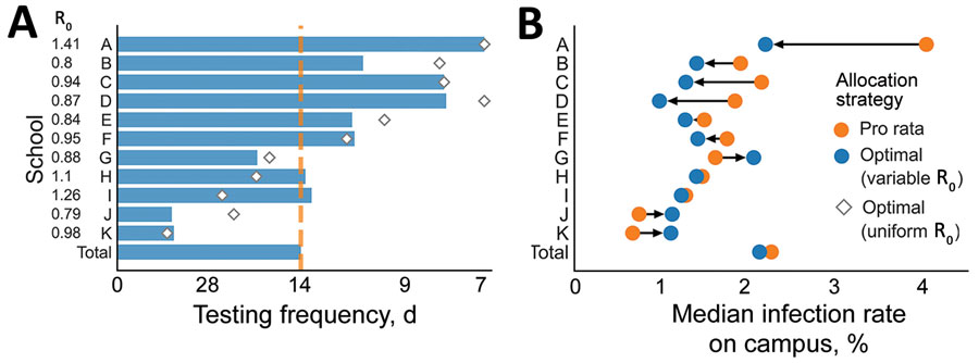 Test allocations and estimated infection rates based on testing frequency in a COVID-19 test allocation strategy to mitigate SARS-CoV-2 infections across 11 school districts in the Austin Independent School District, Austin, Texas, USA. A) Testing allocation for 3 testing strategies. Orange dashed line indicates pro rata strategy; blue bars indicate optimized strategy to minimize the maximum risk; diamonds indicate optimized strategy considering only variation in community transmission risks. Numbers to the left of the y-axis indicate the assumed on-campus reproduction number for each school. B) The median percent of students infected on-campus under the optimized strategy (blue) and pro rata strategy (orange), over a 10-week period; arrows indicate increases or decreases in infection rates. We modeled infections rates by using 3 testing strategies: pro rata, in which all schools test their students once per every 14 days; optimized to minimize the maximum risk of any school, considering variation in both community and in-school transmission risks; optimized considering only variation in community transmission risks. Values are averaged across 300 simulations (Appendix Table 4). The model assumes that classrooms quarantine for 14 days following a positive test. 