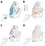 Geographic distributions of 4 main clades of SARS-CoV-2 Omicron variant virus from New York, New York, USA, November 25–December 11, 2021. A) Clade A. B) Clade B. C) Clade C. D) Clade D. Map source: New York City Department of Health and Mental Hygiene (https://github.com/nychealth/coronavirus-data/blob/master/Geography-resources/MODZCTA_2010_WGS1984.geo.json).